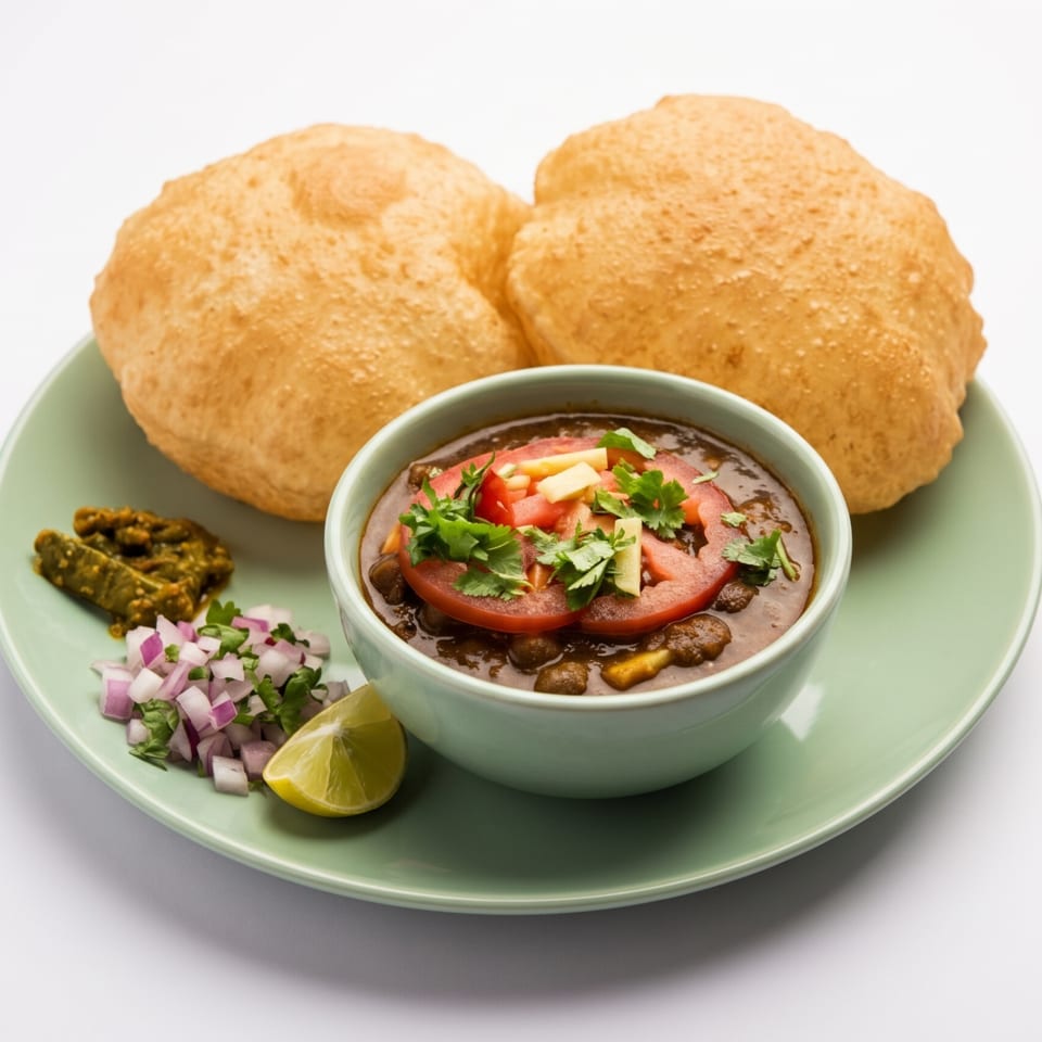 Chole Bhature, a popular Indian dish, with two fried breads, chickpea curry, and sides on a green plate.
