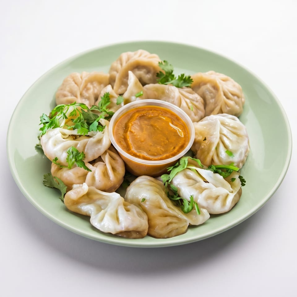 A light green plate filled with steamed momos, garnished with cilantro, and a cup of dipping sauce.
