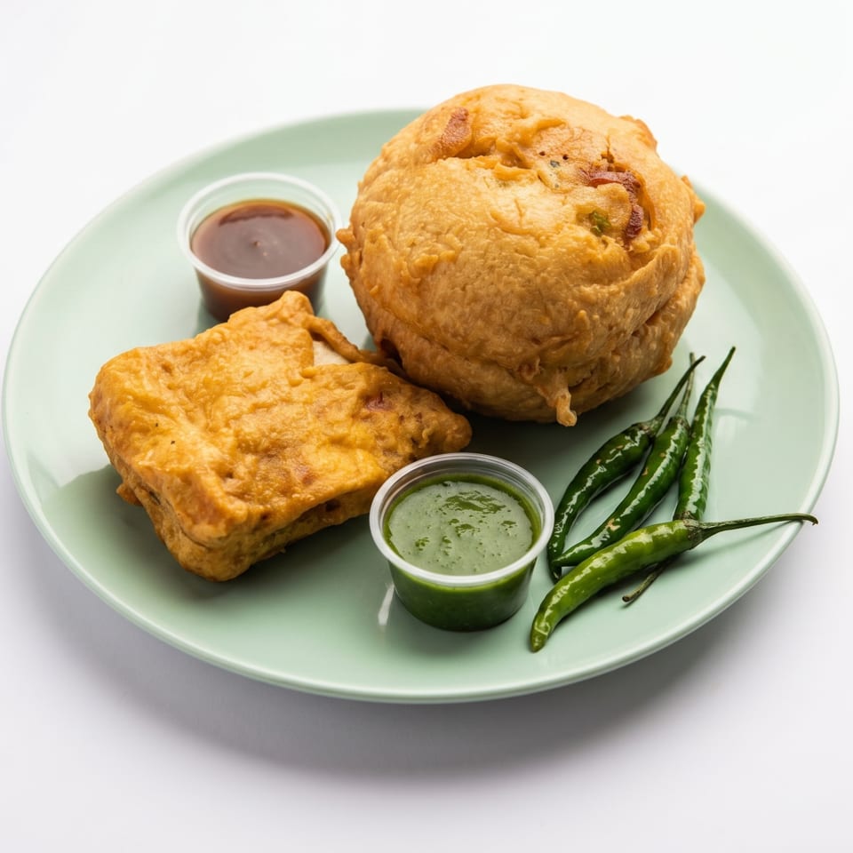 Fried Indian snacks, including a vada pav and a batata vada, with chutneys and green chilies.