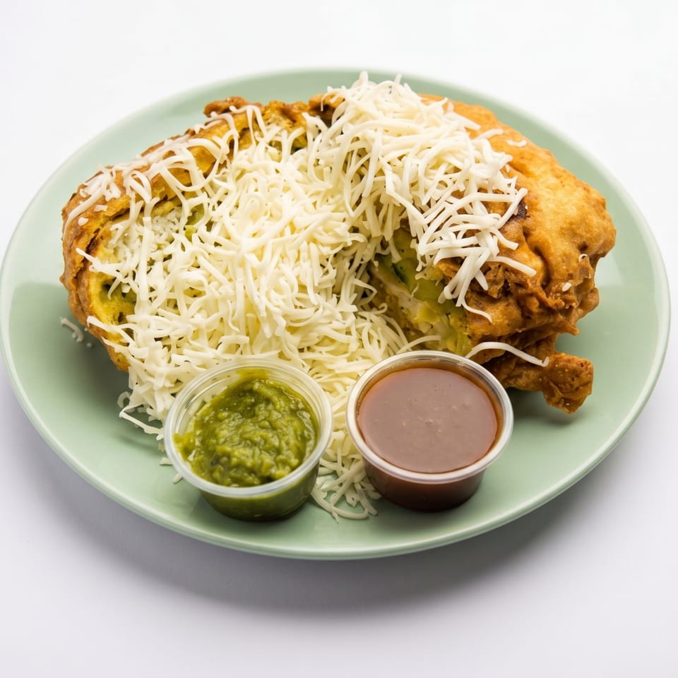 Deep-fried Indian snack, Vada Pav, topped with shredded cheese and served with green and brown chutneys.
