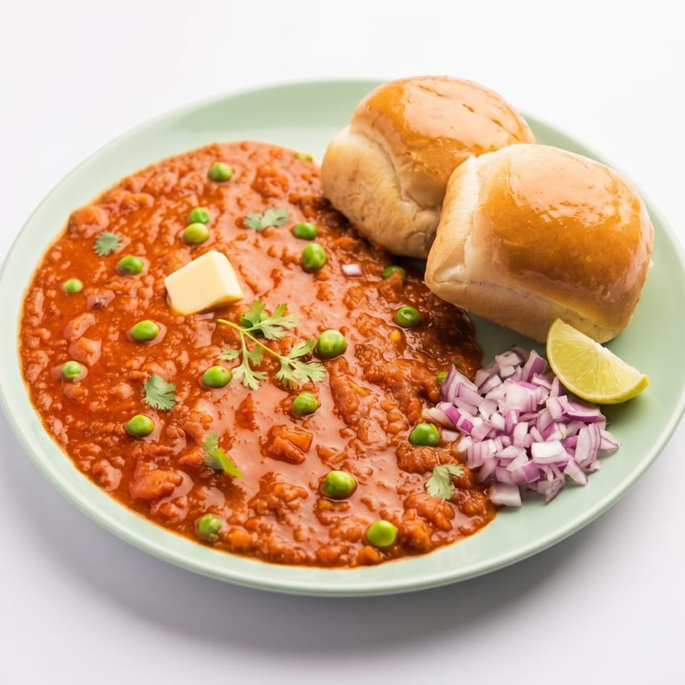 Pav Bhaji, a vibrant red vegetable curry with green peas, butter, buns, chopped onions, and lime.