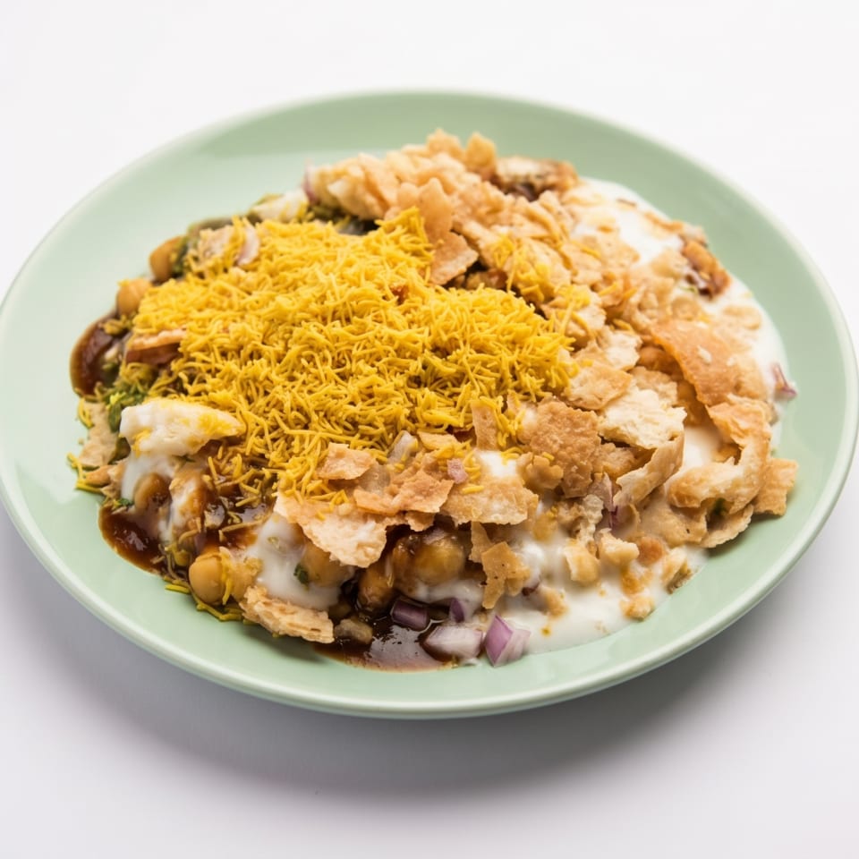 A vibrant Indian chaat dish with yogurt, chutneys, chickpeas, sev, and crispy flatbread on a green plate.