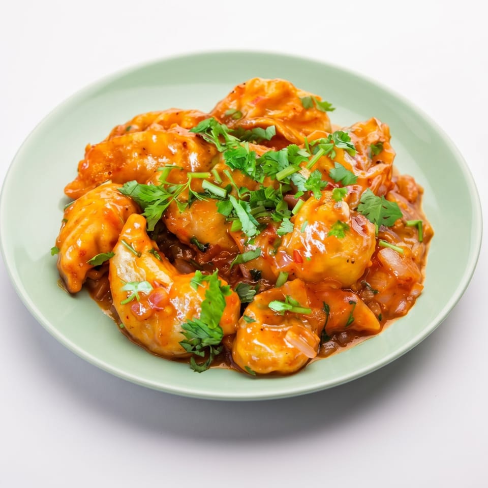 Chili momos, a popular Indo-Chinese dish, served on a light green plate with cilantro garnish.