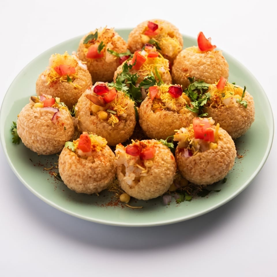 A plate of crispy pani puri, filled with potatoes, chickpeas, spices, and topped with tomatoes.
