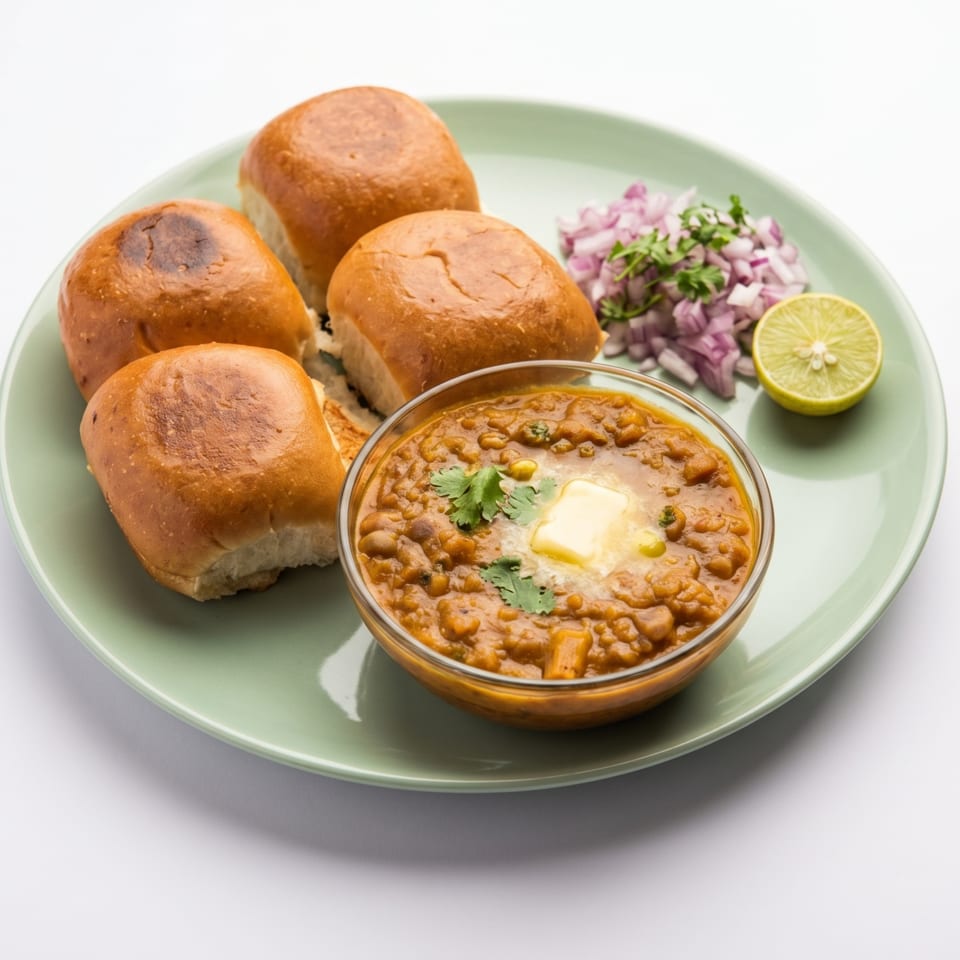 Pav Bhaji, a popular Indian street food, with butter, chopped onions, and lime on a green plate.